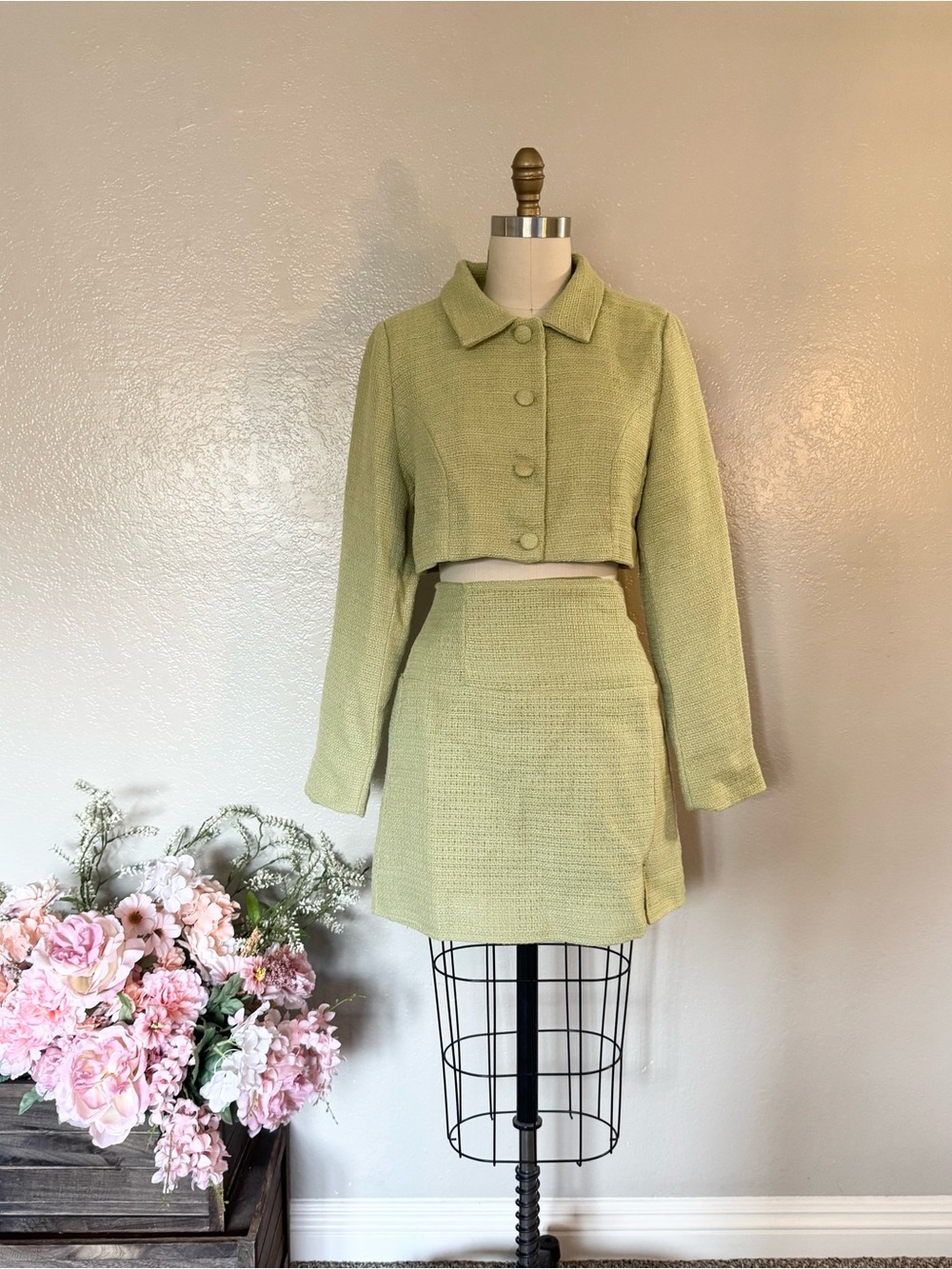 Cropped Light Green Tweed Mini Skirt
